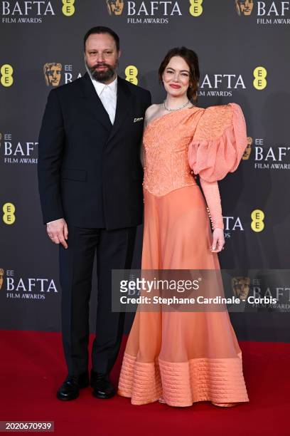Yorgos Lanthimos and Emma Stone attend the 2024 EE BAFTA Film Awards at The Royal Festival Hall on February 18, 2024 in London, England.