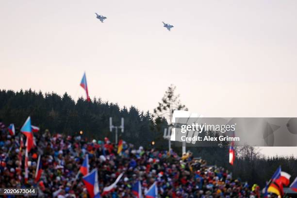 Two fighter aircrafts fly over the stadium during the Mass Start Men at the IBU World Championships Biathlon Nove Mesto na Morave on February 18,...