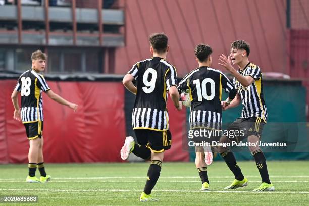 Thomas Of Juventus celebrates after scoring the 1-1 goal during the match between Torino U15 and Juventus U15 at Cit Turin on February 18, 2024 in...