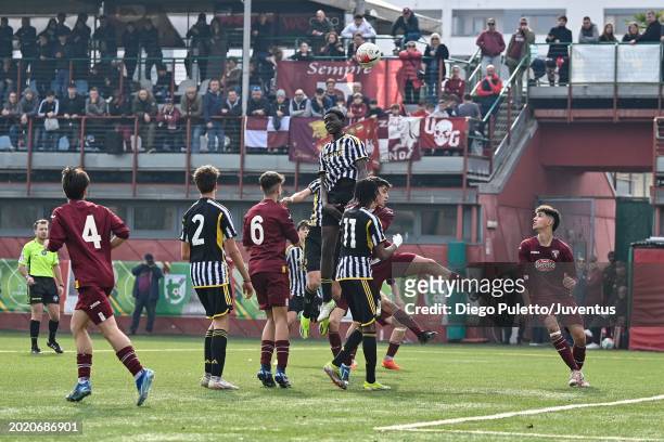 Denaly of Juventus in action during the match between Torino U15 and Juventus U15 at Cit Turin on February 18, 2024 in Turin, Italy.