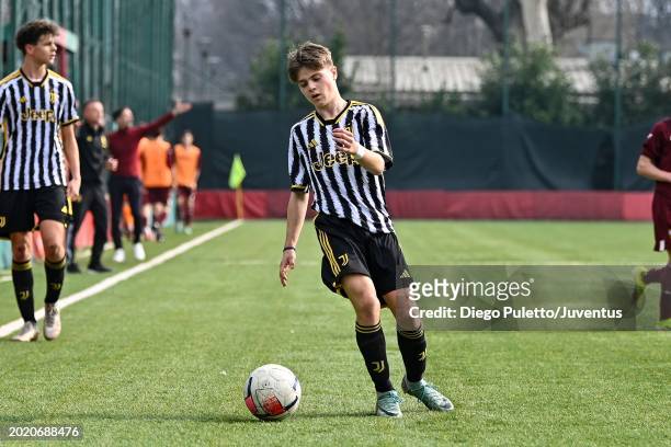 Giovanni of Juventus in action during the match between Torino U15 and Juventus U15 at Cit Turin on February 18, 2024 in Turin, Italy.