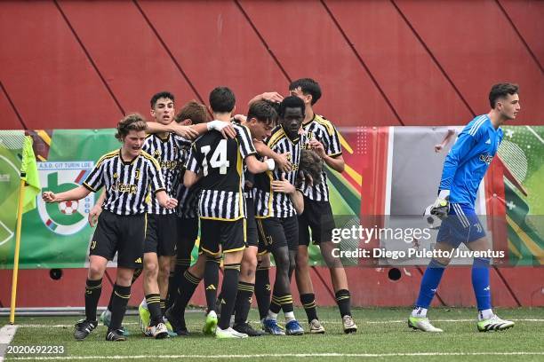 Juventus Players celebrate after scoring a goal during the match between Torino U16 and Juventus U16 at Cit Turin on February 18, 2024 in Turin,...