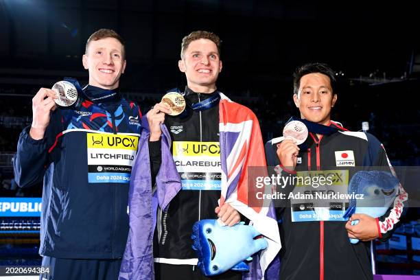 Silver Medalist, Max Litchfield of Team Great Britain, Gold Medalist, Lewis Clareburt of Team New Zealand and Bronze Medalist, Daiya Seto of Team...