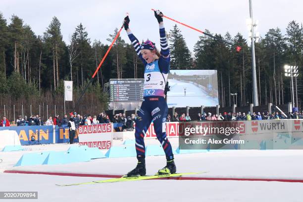 Justine Braisaz-Bouchet of France crosses the finish line to win the Women's 12.5KM Mass Start at the IBU World Championships Biathlon Nove Mesto na...