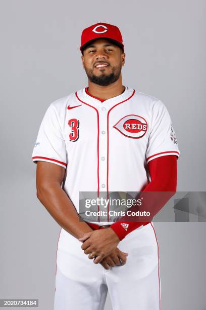 Jeimer Candelario of the Cincinnati Reds poses for a photo during the Cincinnati Reds Photo Day at Goodyear Ballpark on Tuesday, February 20, 2024 in...