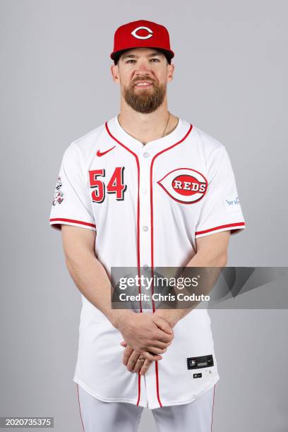 Collin Cowgill of the Cincinnati Reds poses for a photo during the Cincinnati Reds Photo Day at Goodyear Ballpark on Tuesday, February 20, 2024 in...