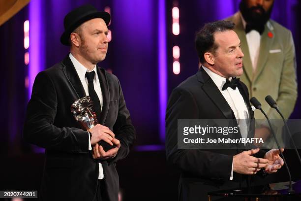 Tarn Willers and Johnnie Burn accept the Sound Award for 'The Zone of Interest' during the 2024 EE BAFTA Film Awards, held at the Royal Festival Hall...