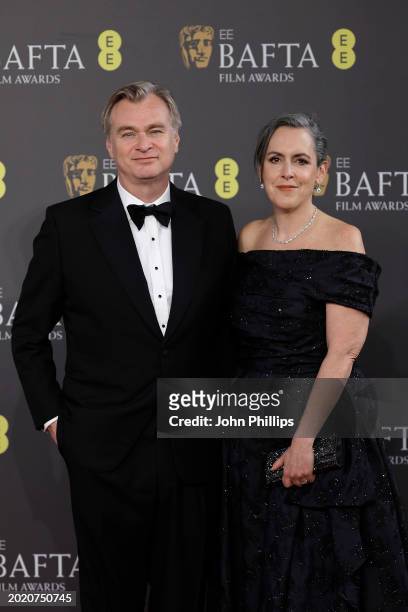 Christopher Nolan and Emma Thomas attends the 2024 EE BAFTA Film Awards at The Royal Festival Hall on February 18, 2024 in London, England.