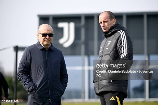 Maurizio Scanavino, Massimiliano Allegri of Juventus during a training session at JTC on February 21, 2024 in Turin, Italy.