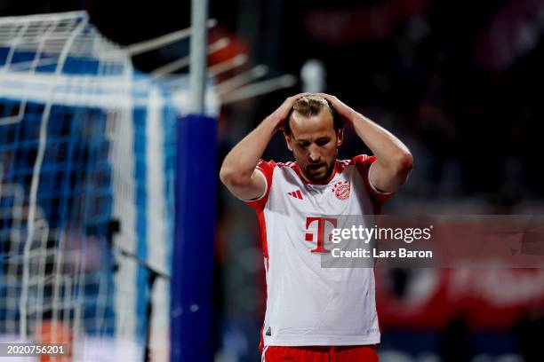 Harry Kane of Bayern Munich reacts during the Bundesliga match between VfL Bochum 1848 and FC Bayern München at Vonovia Ruhrstadion on February 18,...