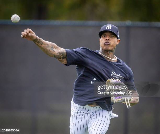 Yankees pitcher Marcus Stroman warming up during spring training in Tampa, Florida on Feb. 16, 2024.