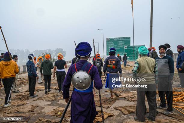 Demonstrators during a protest by farmers near the Haryana-Punjab state border in Rajpura, Punjab, India, on Wednesday, Feb. 21, 2024. Indian farmer...