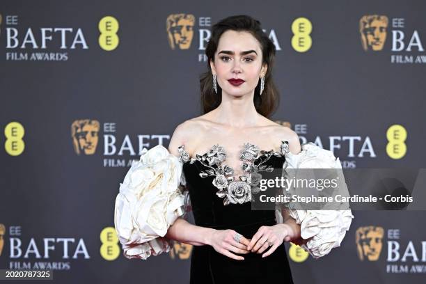 Lily Collins attends the 2024 EE BAFTA Film Awards at The Royal Festival Hall on February 18, 2024 in London, England.