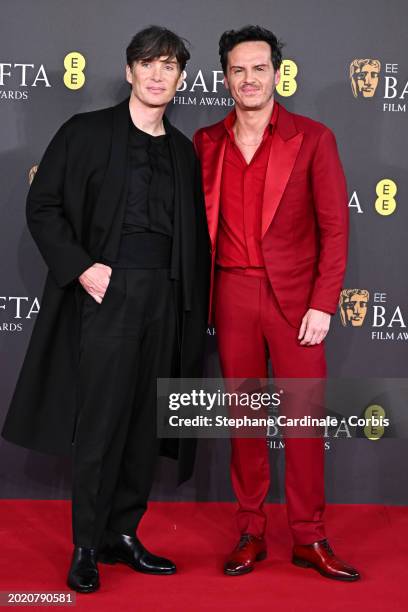 Cillian Murphy and Andrew Scott attend the 2024 EE BAFTA Film Awards at The Royal Festival Hall on February 18, 2024 in London, England.