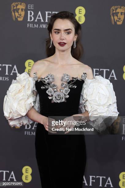 Lily Collins attends the 2024 EE BAFTA Film Awards at The Royal Festival Hall on February 18, 2024 in London, England.