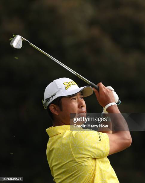 Hideki Matsuyama of Japan playsa shot on the third hole during the final round of The Genesis Invitational at Riviera Country Club on February 18,...