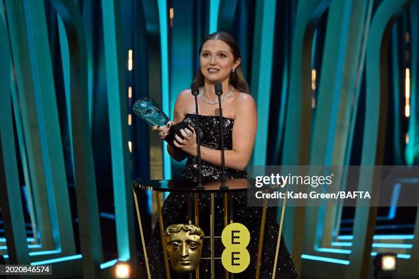 Mia McKenna-Bruce accepts the EE Rising Star Award during the 2024 EE BAFTA Film Awards, held at the Royal Festival Hall on February 18, 2024 in...