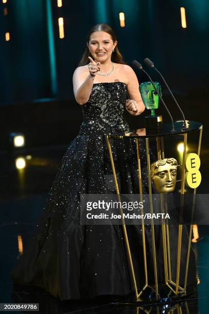 Mia McKenna-Bruce accepts the EE Rising Star Award during the 2024 EE BAFTA Film Awards, held at the Royal Festival Hall on February 18, 2024 in...