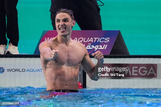 Lewis Clareburt of Team New Zealand celebrates after winning gold in the Men's 400m Individual Medley Final on day seventeen of the Doha 2024 World...