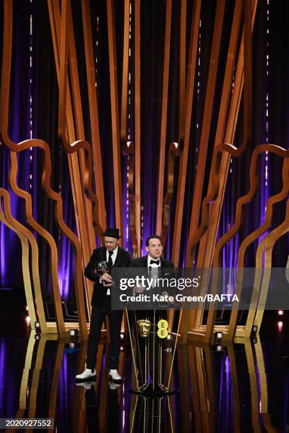 Tarn Willers and Johnnie Burn accept the Sound Award for 'The Zone of Interest' during the 2024 EE BAFTA Film Awards, held at the Royal Festival Hall...