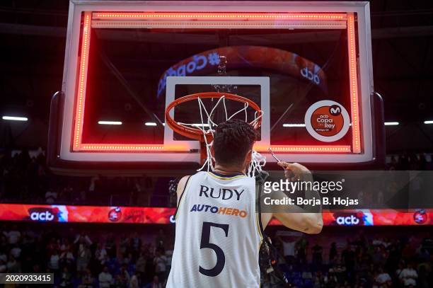 Rudy Fernandez of Real Madrid cuting the net during the celebrations of the championship on Finals of the 2024 Copa del Rey de Baloncesto at Martin...