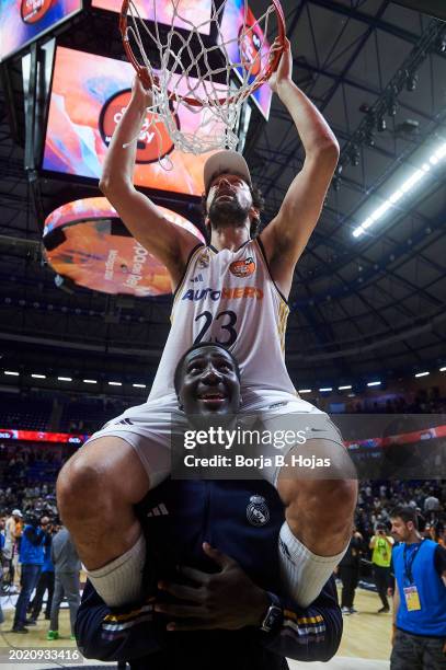 Sergio Llull of Real Madrid cuting the net during the celebrations of the championship on Finals of the 2024 Copa del Rey de Baloncesto at Martin...