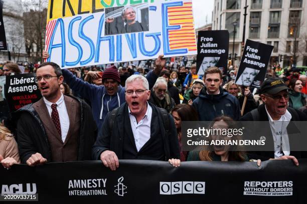 Wife of WikiLeaks founder Julian Assange, Stella Assange , flanked by Wikileaks editor in chief Kristinn Hrafnsson , takes part in a march from The...