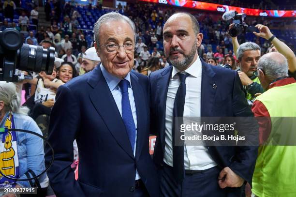 President of Real Madrid, Florentino Perez and the coach Chus Mateo during the celebrations of the victory on Finals of the 2024 Copa del Rey de...