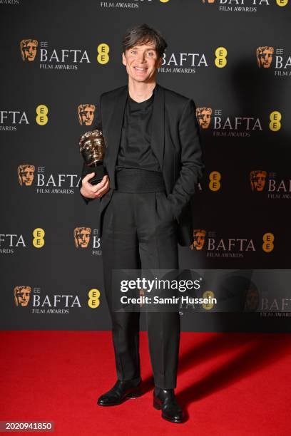 Cillian Murphy poses with the Leading Actor Award in the winners room at the 2024 EE BAFTA Film Awards at The Royal Festival Hall on February 18,...