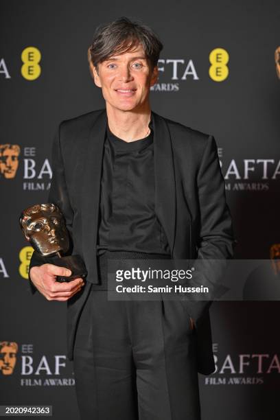Cillian Murphy poses with the Leading Actor Award in the winners room at the 2024 EE BAFTA Film Awards at The Royal Festival Hall on February 18,...