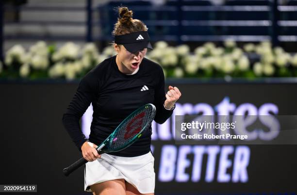 Elina Svitolina of Ukraine in action against Iga Swiatek of Poland in the third round on Day 4 of the Dubai Duty Free Tennis Championships, part of...