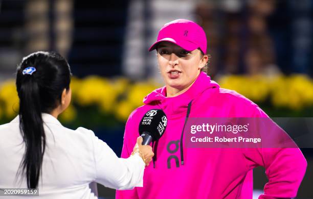 Iga Swiatek of Poland after defeating Elina Svitolina of Ukraine in the third round on Day 4 of the Dubai Duty Free Tennis Championships, part of the...