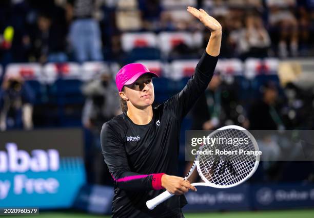 Iga Swiatek of Poland after defeating Elina Svitolina of Ukraine in the third round on Day 4 of the Dubai Duty Free Tennis Championships, part of the...