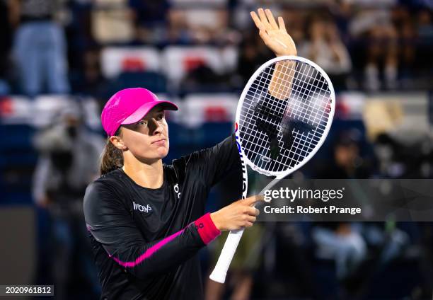 Iga Swiatek of Poland after defeating Elina Svitolina of Ukraine in the third round on Day 4 of the Dubai Duty Free Tennis Championships, part of the...
