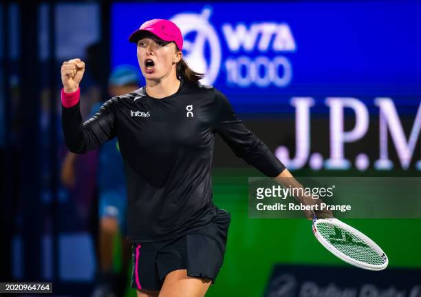 Iga Swiatek of Poland in action against Elina Svitolina of Ukraine in the third round on Day 4 of the Dubai Duty Free Tennis Championships, part of...
