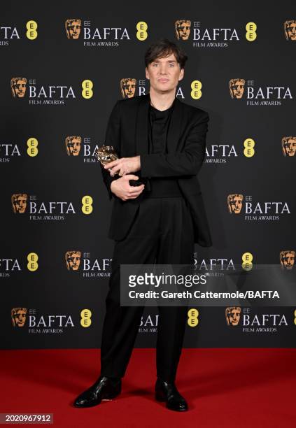 Cillian Murphy poses with the Leading Actor Award in the Winners Room during the EE BAFTA Film Awards 2024 at The Royal Festival Hall on February 18,...