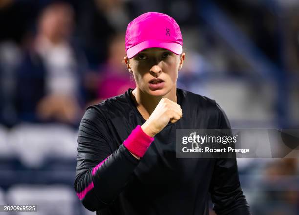 Iga Swiatek of Poland in action against Elina Svitolina of Ukraine in the third round on Day 4 of the Dubai Duty Free Tennis Championships, part of...