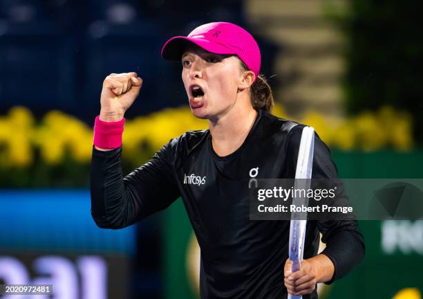 Iga Swiatek of Poland in action against Elina Svitolina of Ukraine in the third round on Day 4 of the Dubai Duty Free Tennis Championships, part of...