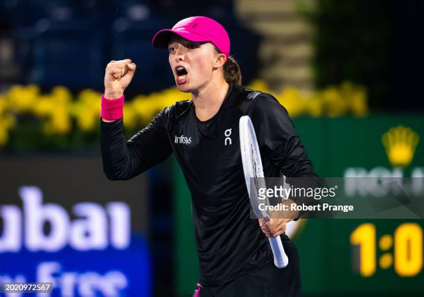 Iga Swiatek of Poland in action against Elina Svitolina of Ukraine in the third round on Day 4 of the Dubai Duty Free Tennis Championships, part of...