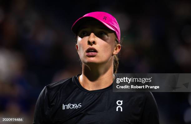 Iga Swiatek of Poland in action against Elina Svitolina of Ukraine in the third round on Day 4 of the Dubai Duty Free Tennis Championships, part of...