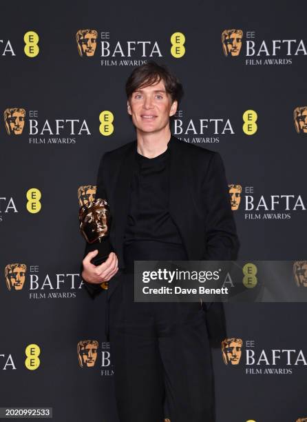 Cillian Murphy poses with the Leading Actor Award in the winners room during the 2024 EE BAFTA Film Awards at The Royal Festival Hall on February 18,...