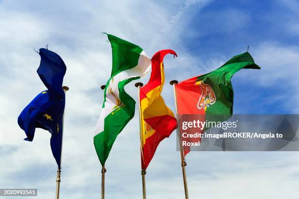 four flags next to each other, fluttering in the wind, strong wind, european union, andalusia, spain, granada, alhambra, spain, europe - spanish association stock pictures, royalty-free photos & images