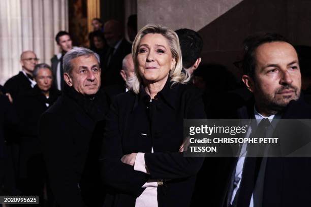 Member of French far-right party Rassemblement National Marine Le Pen and Sebastien Chenu arrive to attend a state ceremony for Missak and Melinee...