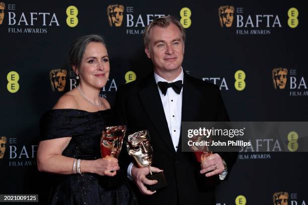 Emma Thomas and Christopher Nolan pose with the Best Film Award for 'Oppenheimer' in the Winners Room during the EE BAFTA Film Awards 2024 at The...