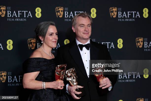 Emma Thomas and Christopher Nolan pose with the Best Film Award for 'Oppenheimer' in the Winners Room during the EE BAFTA Film Awards 2024 at The...