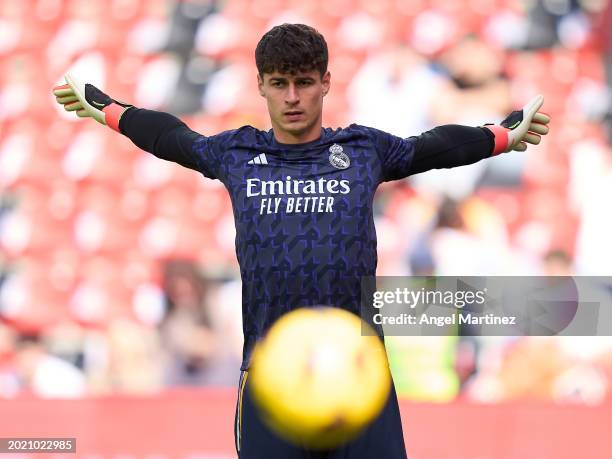 Kepa Arrizabalaga of Real Madrid warms up prior to the LaLiga EA Sports match between Rayo Vallecano and Real Madrid CF at Estadio de Vallecas on...