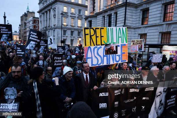 Wife of WikiLeaks founder Julian Assange, Stella Assange takes part in a march towards Downing Street, in central London on February 21 on the second...