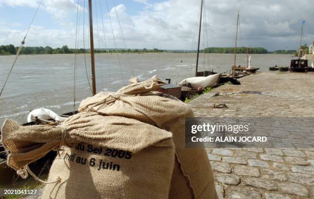 Photo réalisée le 05 mai 2005 sur un quai de Loire, à Ingrandes, de sacs de sel, lors de la quinzième édition de la remontée du sel. Une flottille...