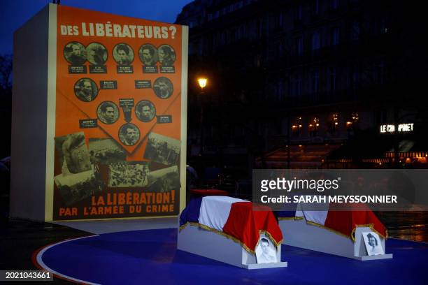 The coffin of Missak and Melinee Manouchian are displayed during the state ceremony for their induction into The Pantheon in Paris on February 21,...