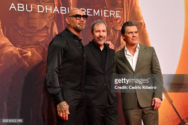 Dave Bautista, Denis Villeneuve and Josh Brolin attend the Premiere of "Dune" Part Two at VOX Cinemas on February 18, 2024 in Abu Dhabi, United Arab...